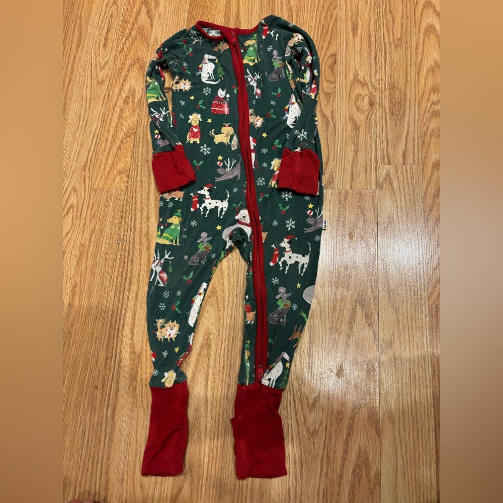 Little Sleepies Holiday Green and Red dog Kids Footie